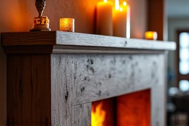 Custom-built rustic wooden fireplace mantel