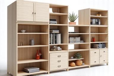 Customizable modular shelving unit with open shelves and closed cabinets in various sizes