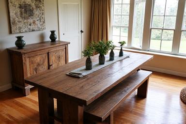 Large reclaimed wood dining table with matching bench and modern chairs in a sunlit dining room