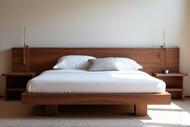 Sleek walnut platform bed with integrated headboard and bedside tables